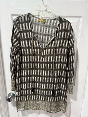 Brown Patterned Tunic Top with Tassel Tie, boho, Rock flower paper